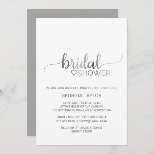 Simple Silver Foil Calligraphy Bridal Shower Invitation