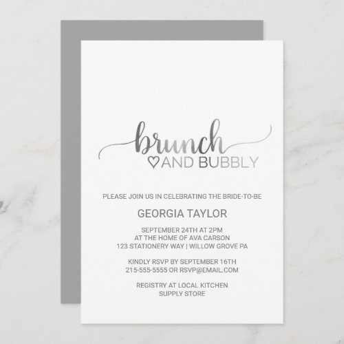 Simple Silver Foil Calligraphy Brunch and Bubbly Invitation