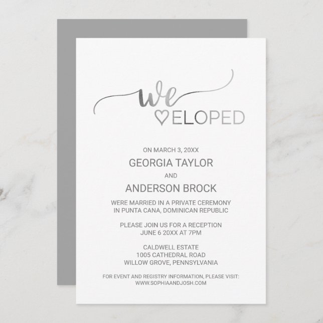 Simple Silver Foil Calligraphy Elopement Reception Invitation (Front/Back)