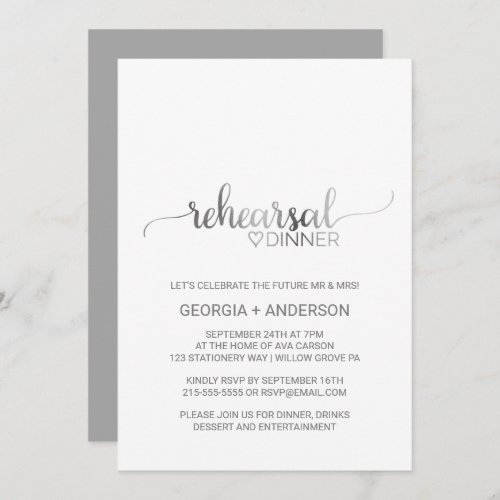 Simple Silver Foil Calligraphy Rehearsal Dinner Invitation