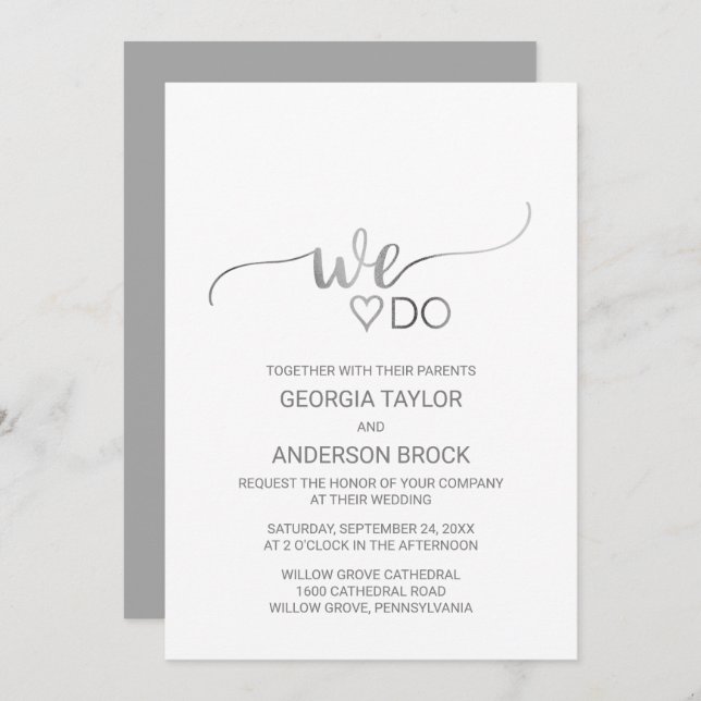 Simple Silver Foil Calligraphy "We Do" Wedding Invitation (Front/Back)