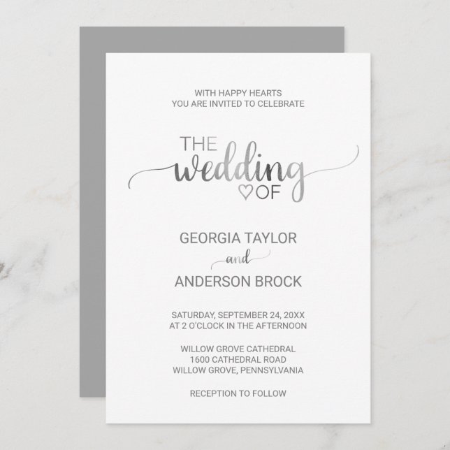 Simple Silver Foil Calligraphy Wedding Invitation (Front/Back)