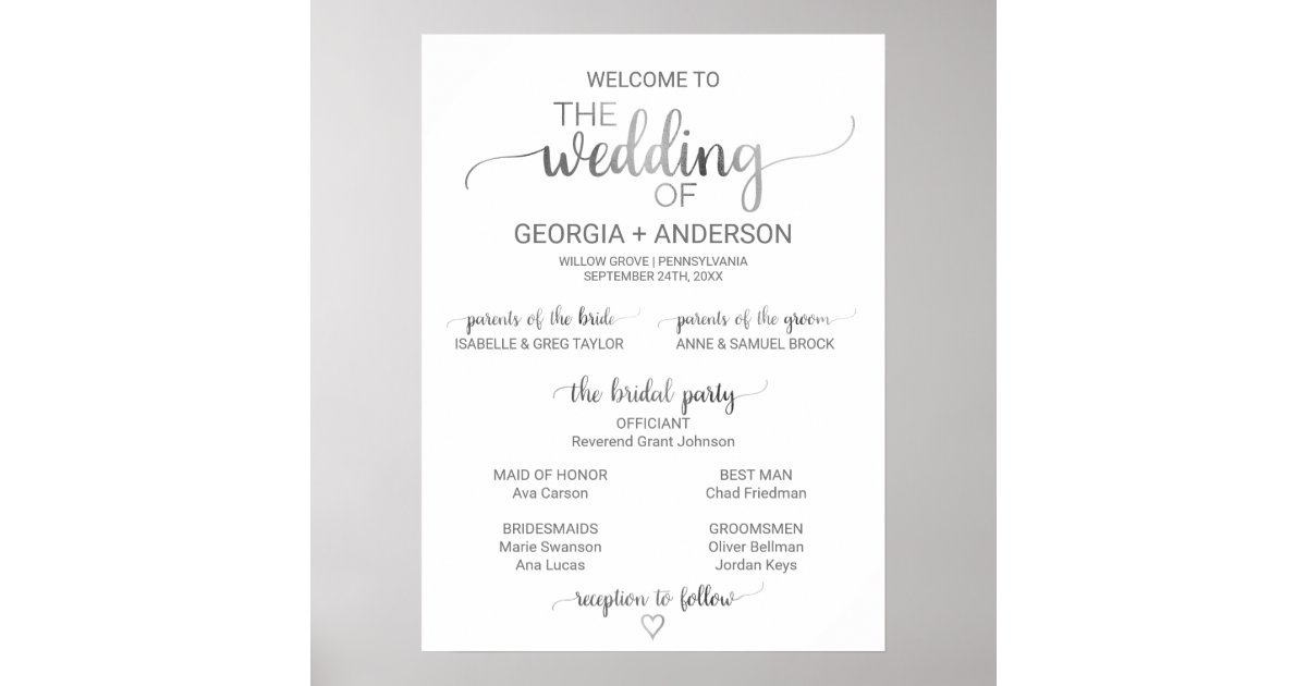 Simple Silver Foil Calligraphy Wedding Program (3) Poster | Zazzle