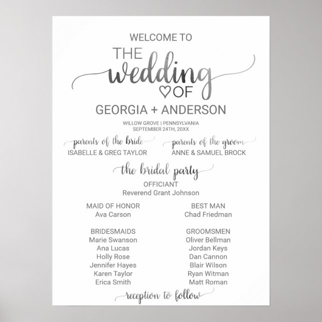 Simple Silver Foil Calligraphy Wedding Program Poster (Front)