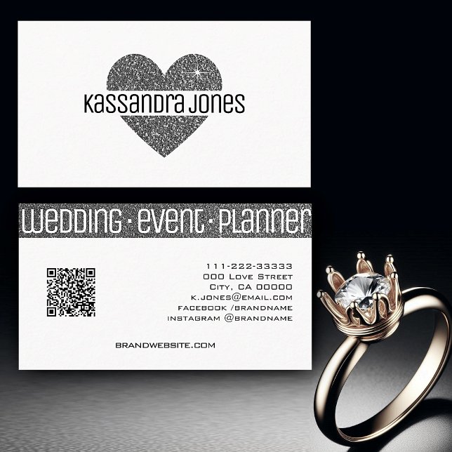 Simple Silver Glitter Heart Shape Black White Chic Business Card (Creator Uploaded)