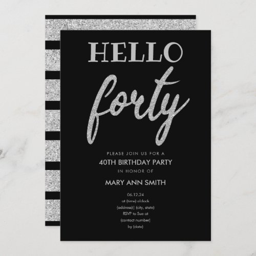 Simple Silver Glitter Hello Forty Birthday Party Invitation