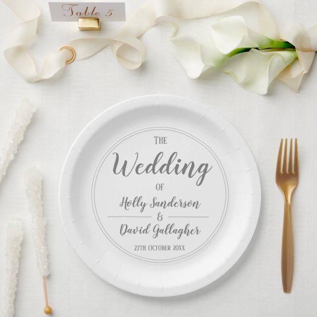 Simple Silver Grey & White Wedding Day Paper Plates (Wedding)