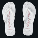 Simple Silver Lace & Red Maid of Honor Wedding Flip Flops<br><div class="desc">These beautiful wedding flip flops are a great way to thank and recognize your Maid of Honor while saving her feet at the same time. Features an elegant design with silver gray lace on a white background and fancy crimson red script lettering. The test reads Maid of Honor with her...</div>
