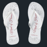 Simple Silver Lace & Red Maid of Honor Wedding Flip Flops<br><div class="desc">These beautiful wedding flip flops are a great way to thank and recognize your Maid of Honor while saving her feet at the same time. Features an elegant design with silver gray lace on a white background and fancy crimson red script lettering. The test reads Maid of Honor with her...</div>