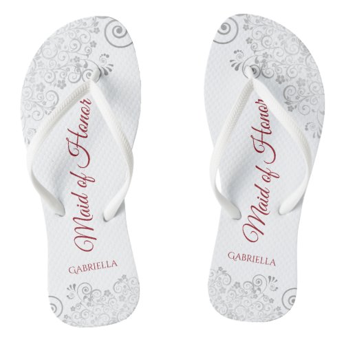 Simple Silver Lace  Red Maid of Honor Wedding Flip Flops