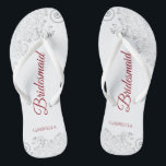 Simple Silver Lace & Red Script Bridesmaid Wedding Flip Flops<br><div class="desc">These elegant wedding flip flops are a great way to thank and recognize your bridesmaids, while giving their feet a rest after a long day. The beautiful design features an elegant design with silver gray lace frills on a white background and fancy crimson red script lettering. The test reads Bridesmaid...</div>