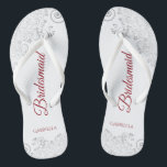 Simple Silver Lace & Red Script Bridesmaid Wedding Flip Flops<br><div class="desc">These elegant wedding flip flops are a great way to thank and recognize your bridesmaids, while giving their feet a rest after a long day. The beautiful design features an elegant design with silver gray lace frills on a white background and fancy crimson red script lettering. The test reads Bridesmaid...</div>