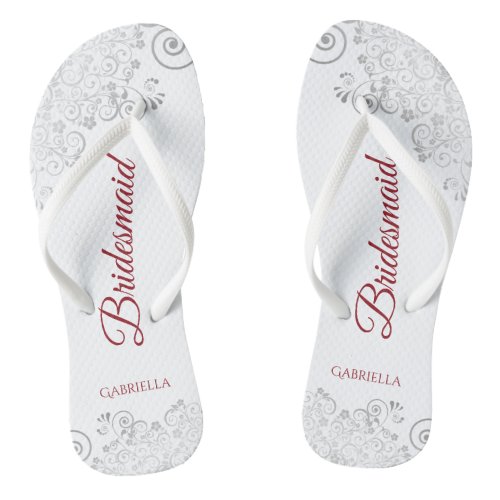 Simple Silver Lace  Red Script Bridesmaid Wedding Flip Flops