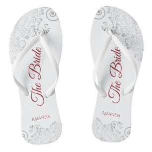Simple Silver Lace & Red Script The Bride Wedding Flip Flops
