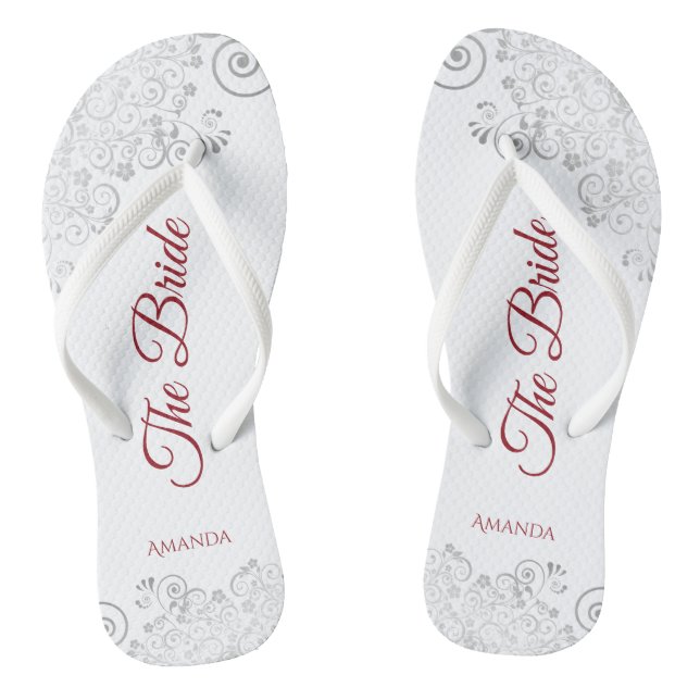 Simple Silver Lace & Red Script The Bride Wedding Flip Flops (Footbed)