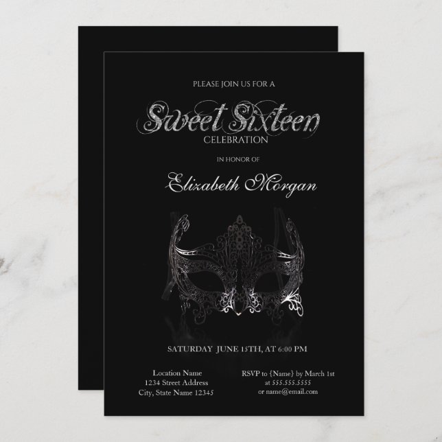 Simple Silver Masque Black Sweet 16 Invitation (Front/Back)