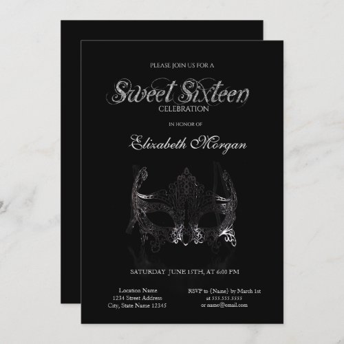 Simple Silver Masque Black Sweet 16 Invitation