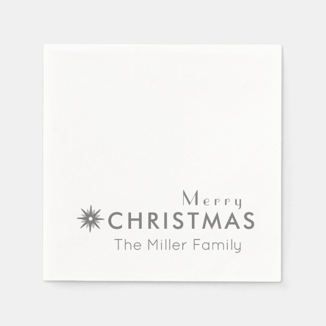 Simple Silver Merry Christmas Family Name Napkins (Front)