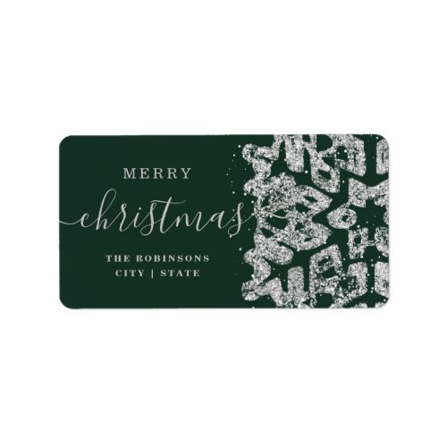 Simple Silver Merry Xmas Holidays Glitter Green  Label