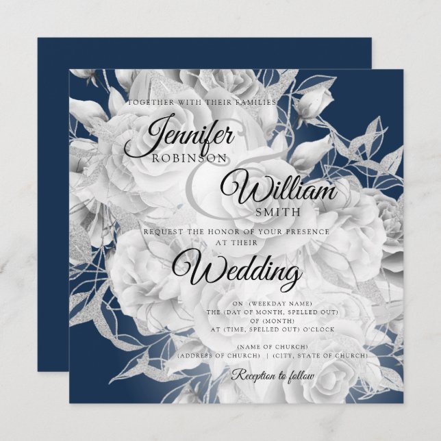 Simple Silver & Navy Elegant Floral Wedding (Front/Back)