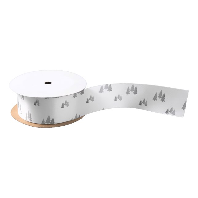 Simple Silver Pine Tree Pattern Christmas Satin Ribbon (Spool)