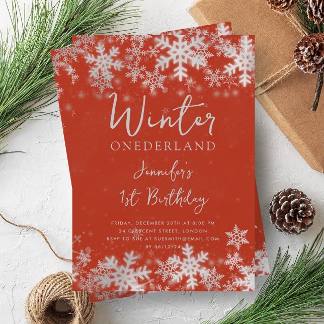 Simple Silver Red Winter ONEDERLAND 1st Birthday Invitation (Simple Silver Red Winter ONEDERLAND 1st Birthday Invitation)