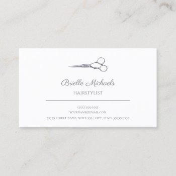 Simple Silver Scissors Elegant Script Hair Stylist Business Card by GirlyBusinessCards at Zazzle