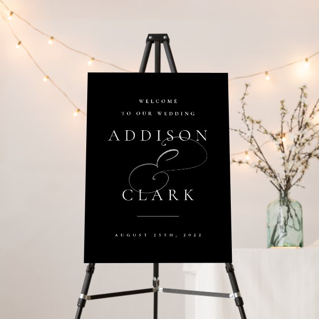 Simple Silver Script Black Wedding Welcome Foam Board (In Situ (Stand))