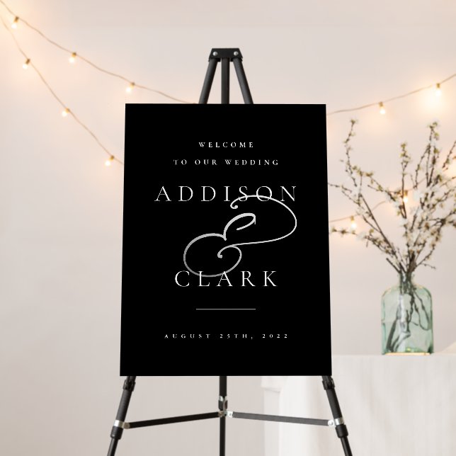 Simple Silver Script Black Wedding Welcome Foam Board (In Situ (Stand))