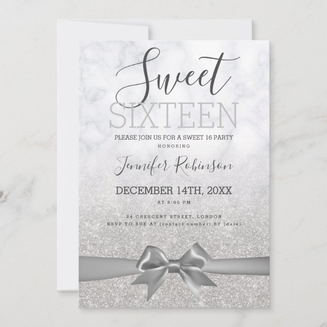 Simple Silver Sweet 16 Birthday Marble Glitter  Invitation (Front)