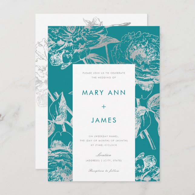 Simple Silver Teal Modern Floral Wedding Invitation (Front/Back)