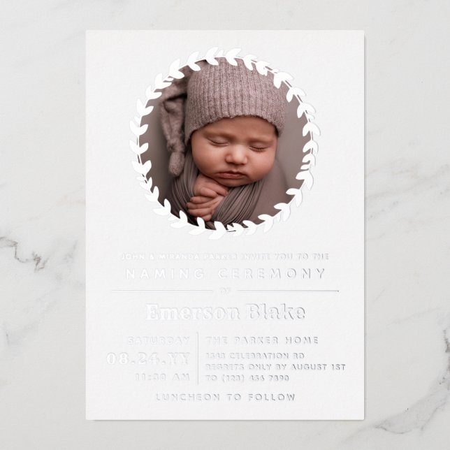 Simple Silver Wreath Baby Photo Naming Ceremony Foil Invitation (Front)