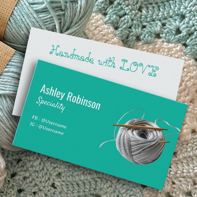 Simple silver yarn crochet hook turquoise modern  business card (Simple silver yarn crochet hook turquoise modern business card)