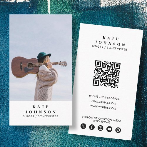 Simple Singer Musician Photo Social Media QR Code Business Card