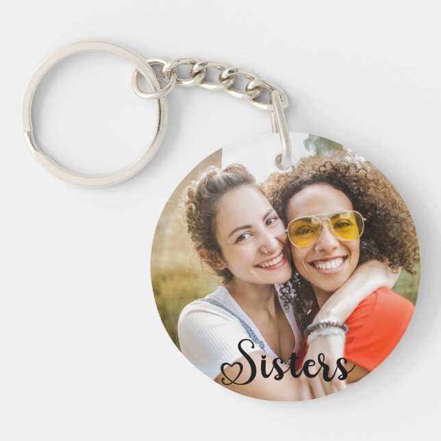 Simple Sisters One Photo Elegant Script Heart Keychain (Front)