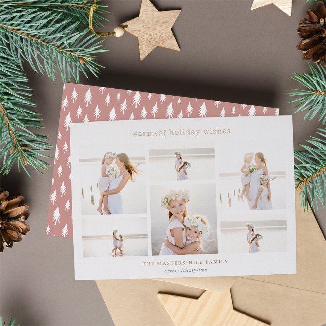 Simple Six | Minimalist Photo Collage Rose Gold Foil Holiday Card (Creator Uploaded)
