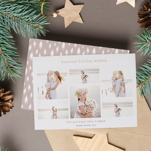 Simple Six  Minimalist Photo Collage Rose Gold Foil Holiday Card