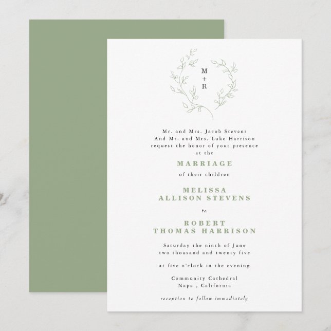 Simple Sketch Wreath Monogram Sage Green Wedding  Invitation (Front/Back)