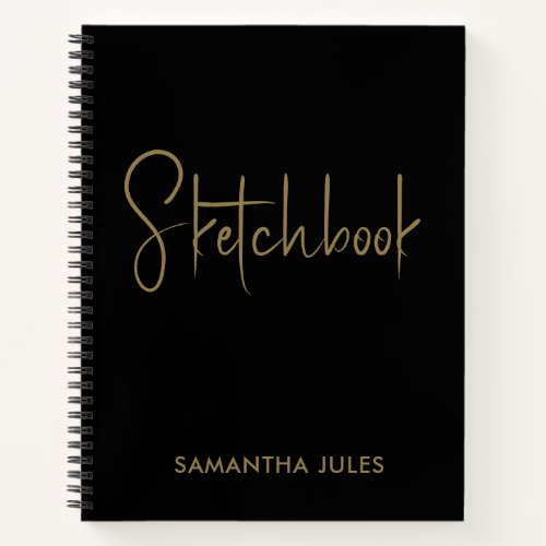 Simple Sketchbook Personalised Black Gold Script N Notebook