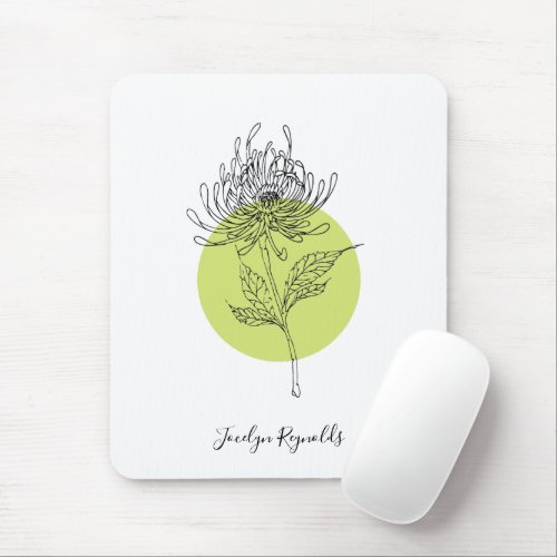 Simple Sketched Dahlia Botanical with Name Mouse Pad
