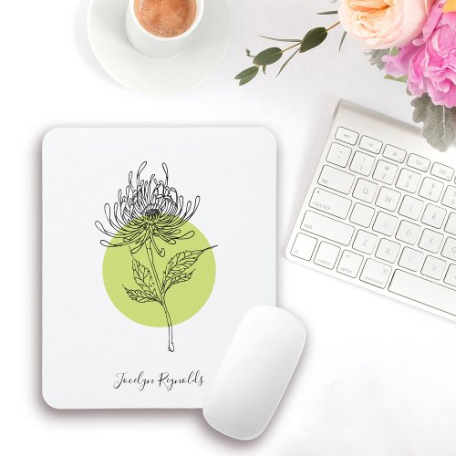 Simple Sketched Dahlia Botanical with Name Mouse Pad