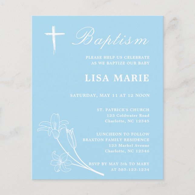 Simple Sky Blue Baby Budget Baptism Invitation (Front)