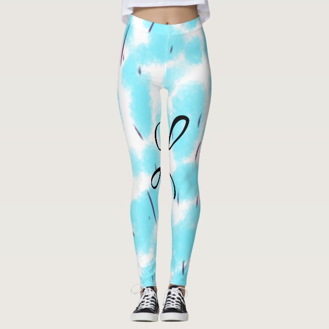 Simple sky blue black watercolor add your monogram leggings (Front)