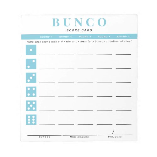 Simple Sky Blue Bunco Score Card Notepad