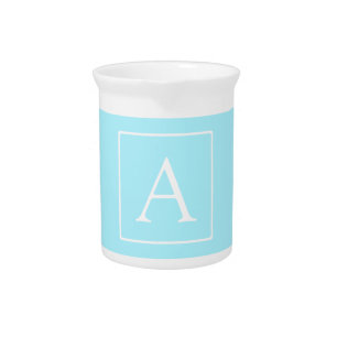 Simple Sky Blue Monogram Beverage Pitcher