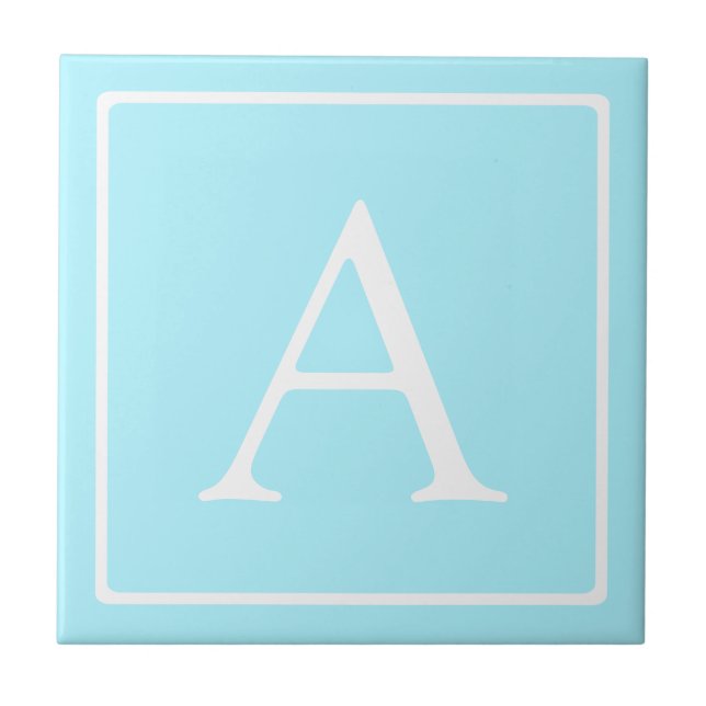 Simple Sky Blue Monogram Ceramic Tile (Front)