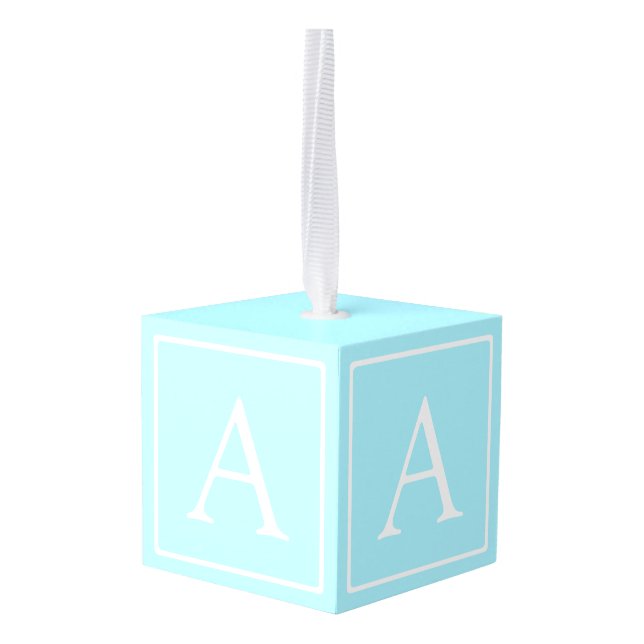 Simple Sky Blue Monogram Cube Ornament (Back Angled)
