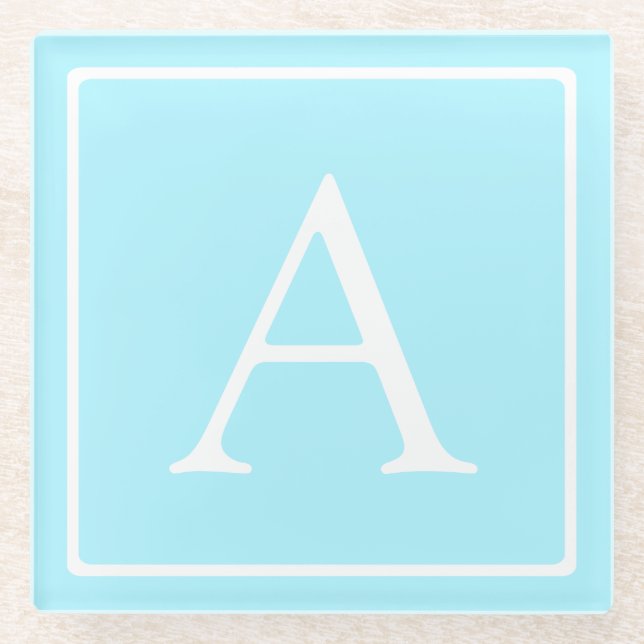 Simple Sky Blue Monogram Glass Coaster (Front)