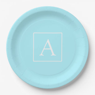 Simple Sky Blue Monogram Paper Plates