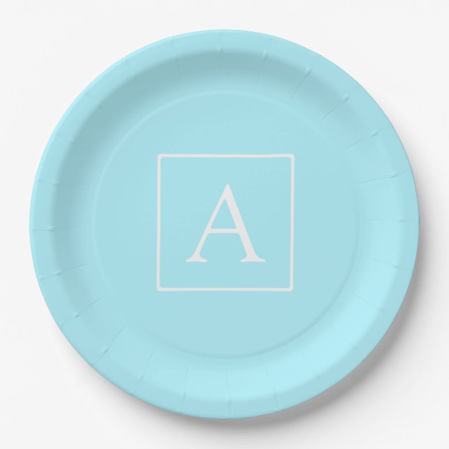 Simple Sky Blue Monogram Paper Plates (Front)
